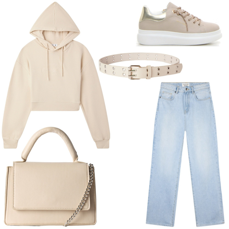 Outfit donna - Fall trends. Stile Basic per Tutti i giorni. Abbinamento con jeans dritti, borse a tracolla, cinture, felpe con cappuccio, sneakers.