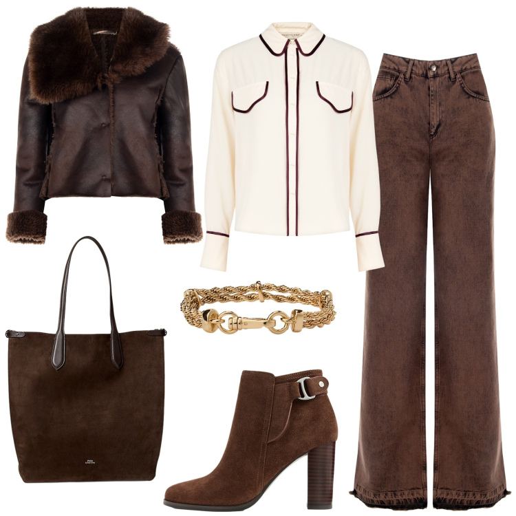 Outfit donna - Rinascimento New Collection. Stile Casual chic per Tutti i giorni. Abbinamento con giacche, jeans dritti, camicie, stivaletti, borse tote, braccialetti.