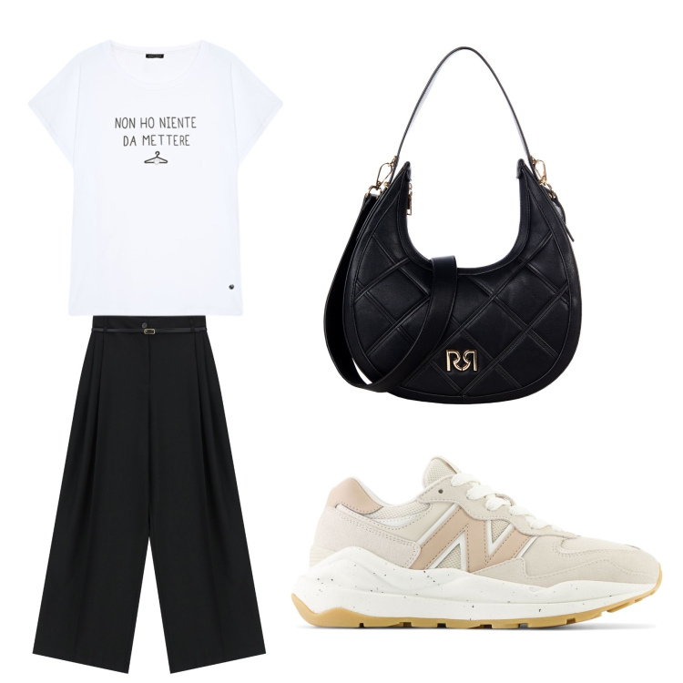 Outfit donna - Aperitivo. Stile Trendy per Tutti i giorni. Abbinamento con sneakers, borse a tracolla, pantaloni, t-shirt.