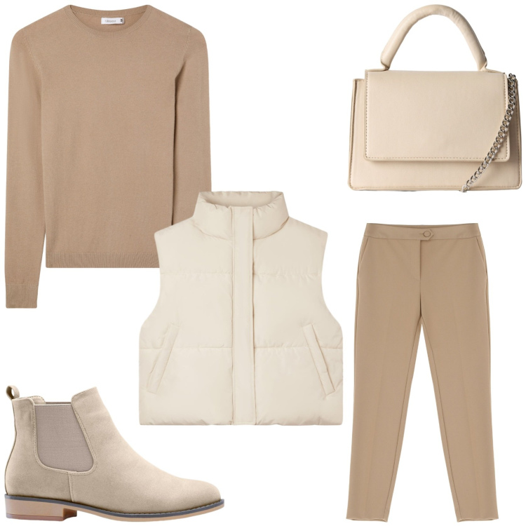 Outfit donna - Look monocromatico. Stile Minimal per Tutti i giorni. Abbinamento con stivaletti chelsea, borse a tracolla, piumini, maglieria, pantaloni.