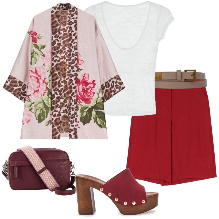 Outfit donna - Vacanza a settembre. Stile Trendy per Tutti i giorni. Abbinamento con borse a tracolla, t-shirt, cappotti, shorts, cinture, zoccoli.