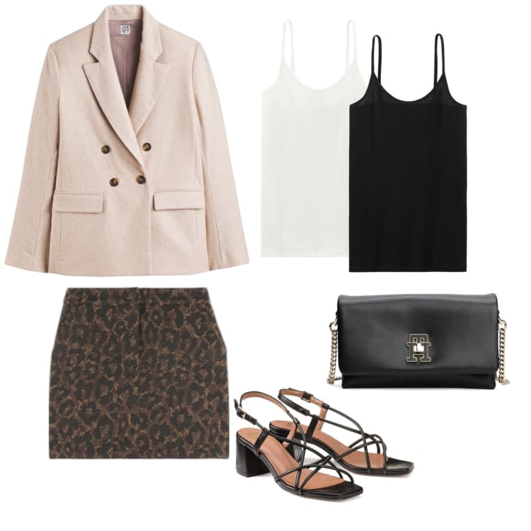 Outfit mujer - Chic #10048. Estilo Chic para Oficina. Combinación con top, blazers, minifaldas, bandoleras, sandalias de piel.