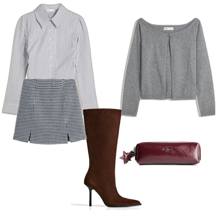 Outfit mujer - Chic #10049. Estilo Chic para Todos los días. Combinación con blazers, botas, maletas, minifaldas, camisas.