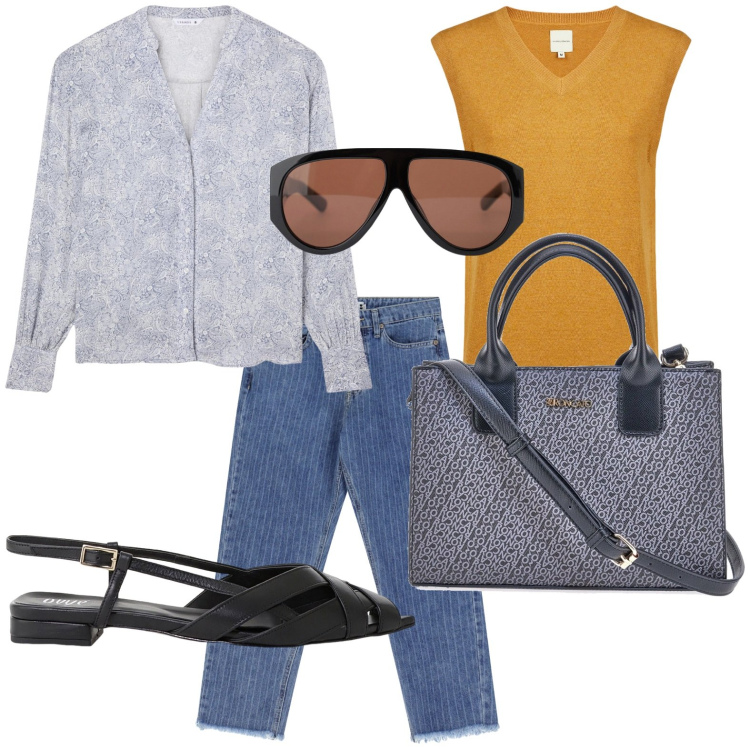 Outfit donna - Il gilet versatile. Stile Casual per Ufficio. Abbinamento con camicie, jeans, occhiali da sole, sandali, maglieria, borse a tracolla.