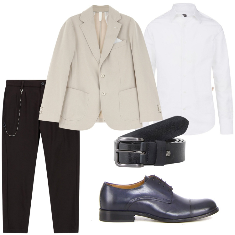 Outfit uomo - Cena elegante. Stile Trendy per Serata speciale. Abbinamento con cinture, giacche, pantaloni, camicie, scarpe stringate.