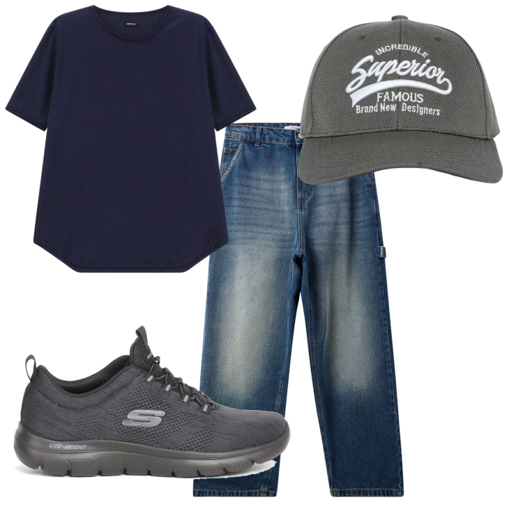 Outfit uomo - Un jeans e una maglietta. Stile Casual per Tutti i giorni. Abbinamento con cappelli con visiera, jeans, t-shirt, sneakers.