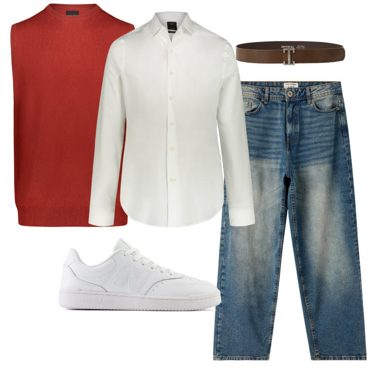 Outfit uomo - Il gilet rosso. Stile Business/Elegante per Tutti i giorni. Abbinamento con jeans, cinture, gilet, camicie, sneakers.