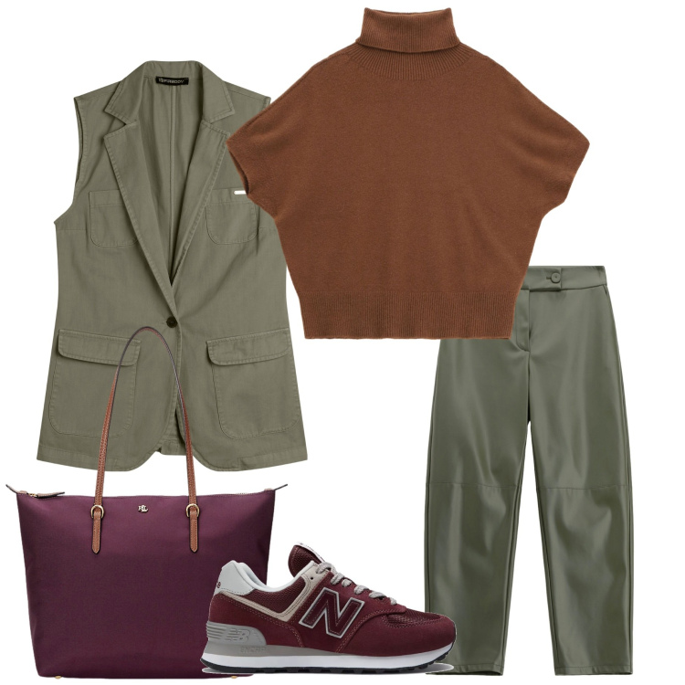 Outfit donna - Minimal autunnale. Stile Minimal per Tutti i giorni. Abbinamento con sneakers, pantaloni, maglieria, gilet, borse tote.