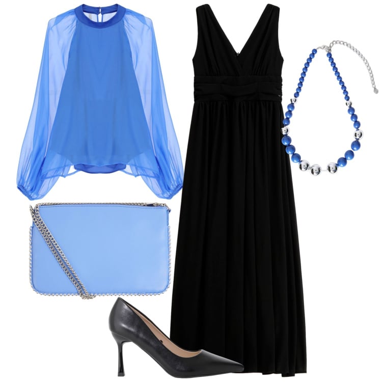 Outfit donna - Il tocco azzurro. Stile Chic per Serata fuori. Abbinamento con borse a tracolla, vestiti lunghi, décolleté, camicie, collane.