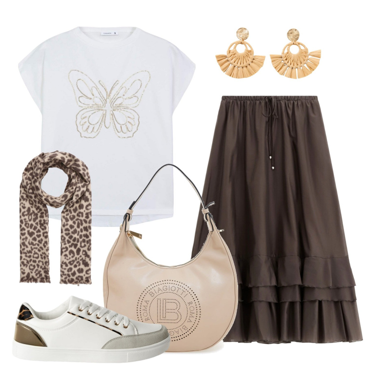 Outfit donna - Fine estate. Stile Basic per Tutti i giorni. Abbinamento con orecchini, t-shirt, sneakers, sciarpe, gonne lunghe, borse a spalla.