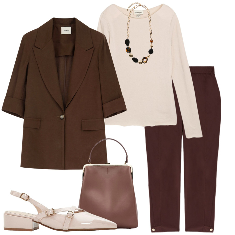 Outfit donna - Minimal autunnale. Stile Minimal per Ufficio. Abbinamento con maglieria, décolleté, blazer, pantaloni chino, borse a spalla, collane.