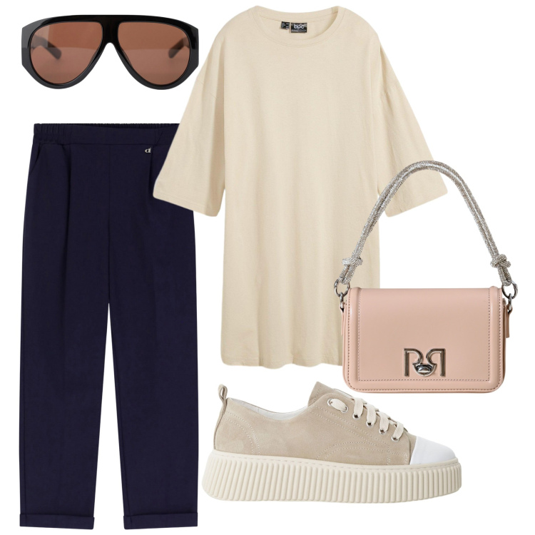 Outfit donna - Camminando in città. Stile Casual per Tutti i giorni. Abbinamento con maglieria, borse a mano, sneakers, occhiali da sole, pantaloni.