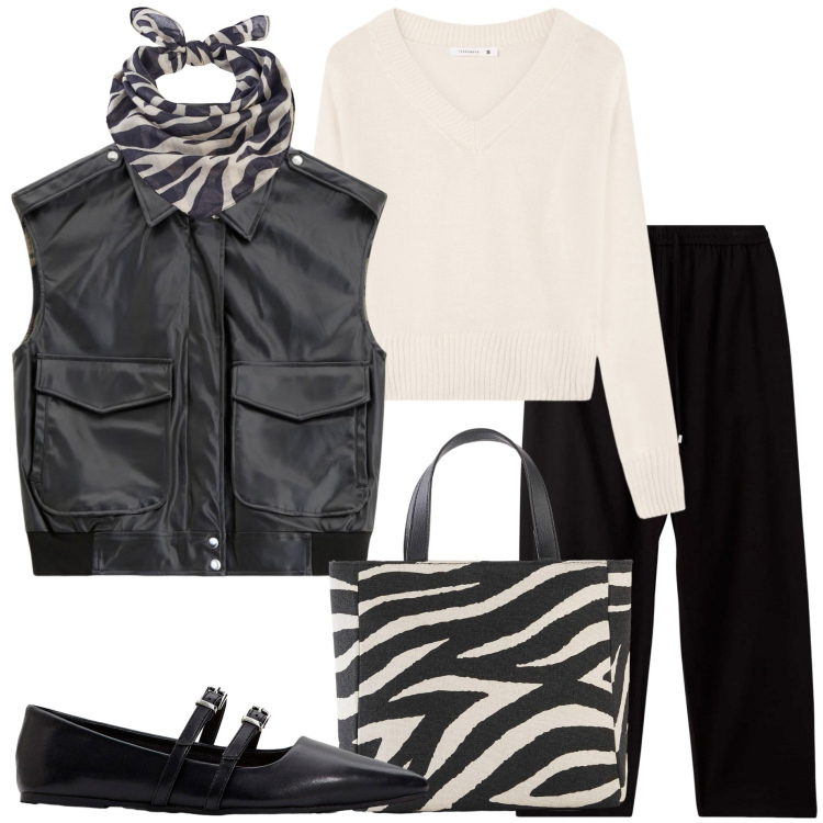 Outfit donna - Minimal autunnale. Stile Minimal per Ufficio. Abbinamento con borse a mano, ballerine, foulard, pantaloni, maglieria, gilet.