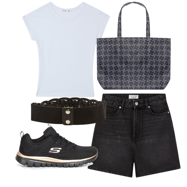 Outfit donna - Con la shopper. Stile Casual per Tutti i giorni. Abbinamento con t-shirt, bermuda, cinture, shopping bag, sneakers.