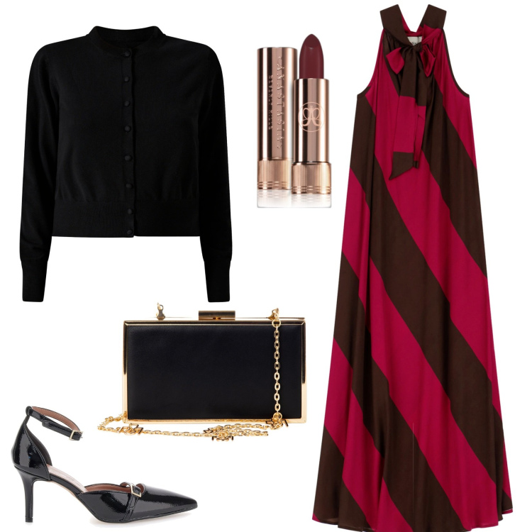 Outfit donna - Al ristorante. Stile Chic per Serata fuori. Abbinamento con rossetti, cardigans, pochette, vestiti lunghi, décolleté.