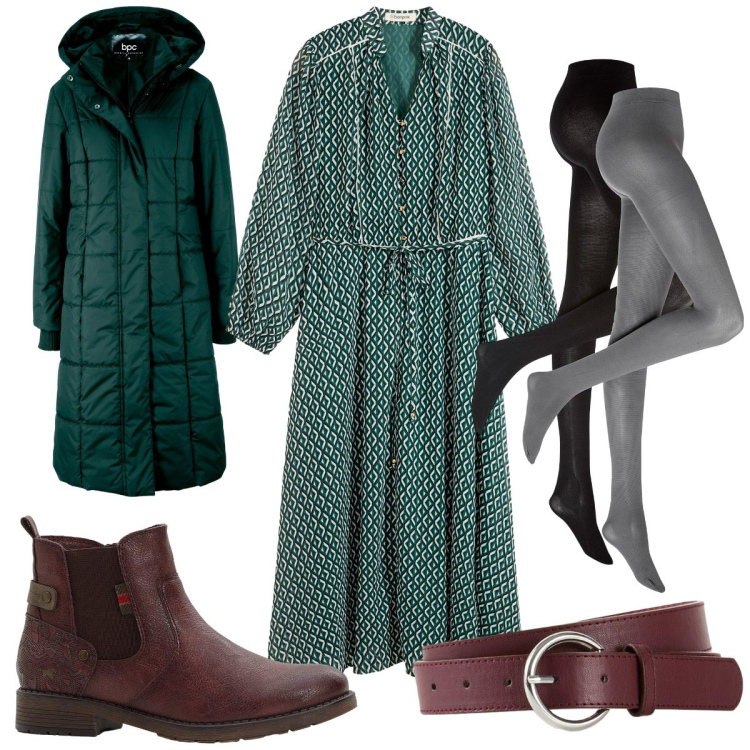 Outfit donna - Bonprix : verde bosco. Stile Trendy per Tutti i giorni. Abbinamento con vestiti, collant, blazer, cinture, stivaletti.