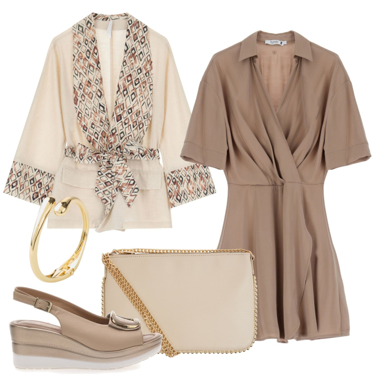 Outfit donna - I toni del marrone. Stile Chic per Tutti i giorni. Abbinamento con braccialetti, borse a tracolla, vestiti corti, blazer, sandali.