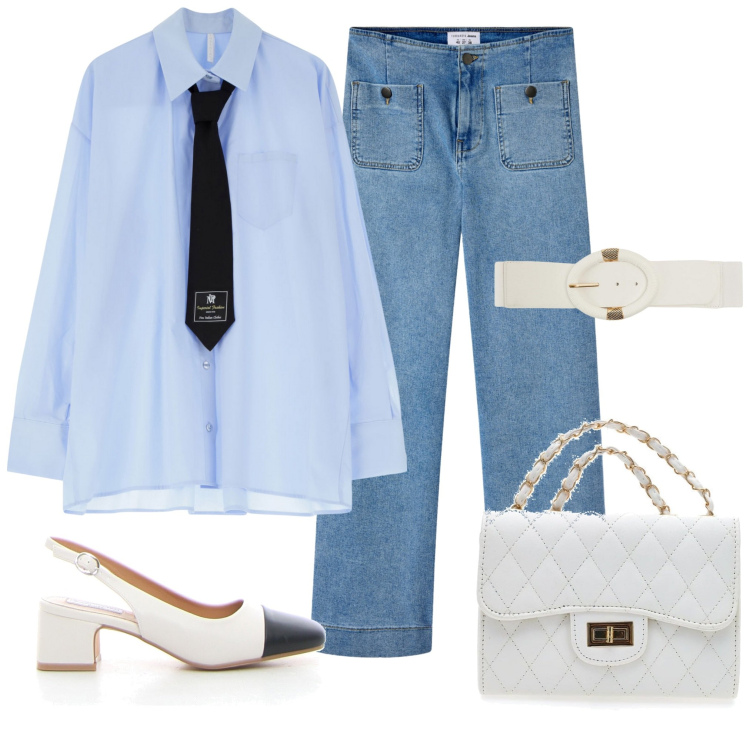 Outfit donna - Con la camicia particolare. Stile Casual per Tutti i giorni. Abbinamento con cinture, jeans, camicie, borse a tracolla, décolleté.