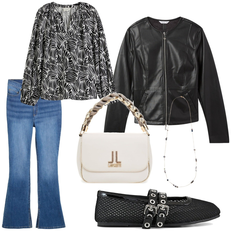 Outfit donna - Total look #2239193. Stile Casual chic per Serata fuori. Abbinamento con jeans bootcut, bluse, blazer, ballerine, borse a tracolla, collane.