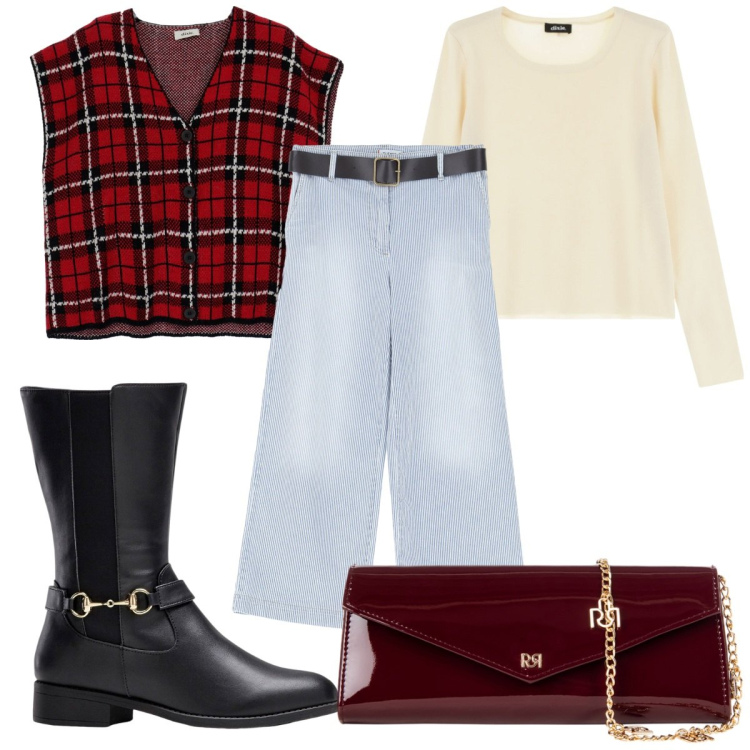 Outfit donna - Nuove tendenze : il gilet tartan. Stile Trendy per Tutti i giorni. Abbinamento con stivali, pochette, pantaloni, pullovers, gilet.