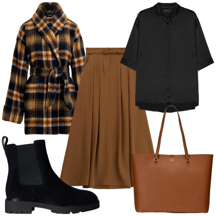 Outfit donna - Nuove tendenze: il trench tartan. Stile Trendy per Tutti i giorni. Abbinamento con gonne lunghe, borse tote, cappotti, stivaletti chelsea, camicie.