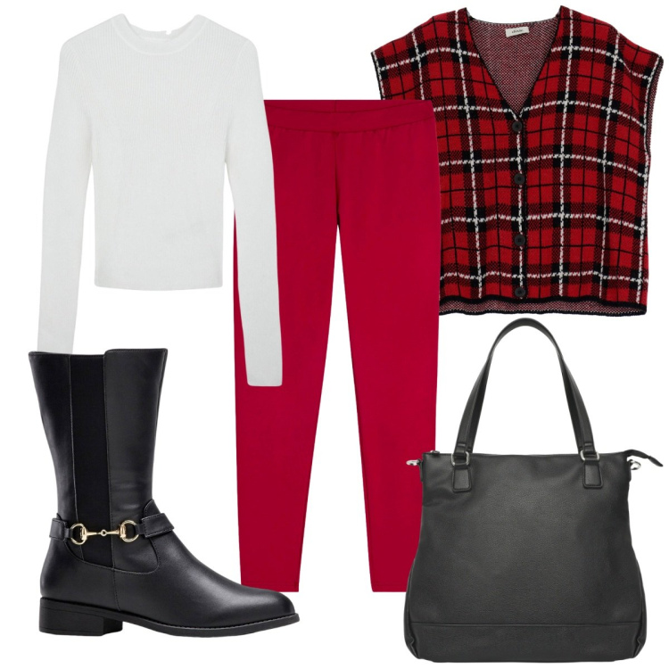 Outfit donna - Nuove tendenze: il tartan è trendy. Stile Trendy per Tutti i giorni. Abbinamento con stivali, shopping bag, maglieria, leggings, gilet.