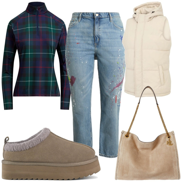 Outfit donna - Nuove tendenze :jeans e tartan. Stile Trendy per Tutti i giorni. Abbinamento con gilet, jeans boyfriend, borse tote, pullovers, sabot.