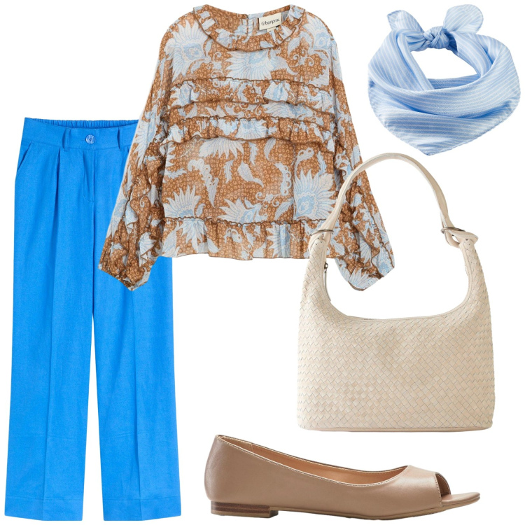 Outfit donna - Total look #2239202. Stile Bon Ton per Ufficio. Abbinamento con bluse, shopping bag, ballerine, pantaloni a palazzo, foulard.