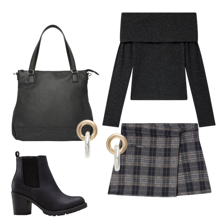 Outfit donna - Total look #2239205. Stile Chic per Ufficio. Abbinamento con stivaletti, minigonne, shopping bag, maglieria, orecchini.