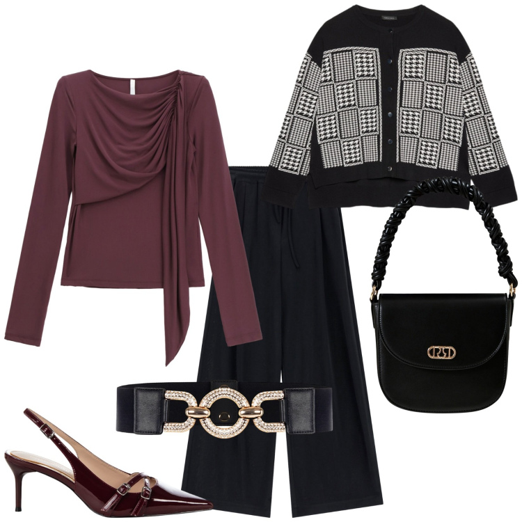 Outfit donna - Chic. Stile Chic per Serata fuori. Abbinamento con décolleté, cinture, borse a mano, bluse, pantaloni a palazzo, cardigans.
