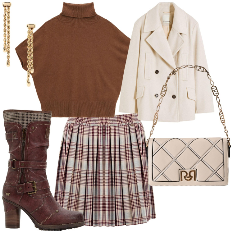 Outfit donna - Settembre con stile. Stile Casual per Tutti i giorni. Abbinamento con caban, stivali, borse a tracolla, minigonne, maglieria, orecchini.