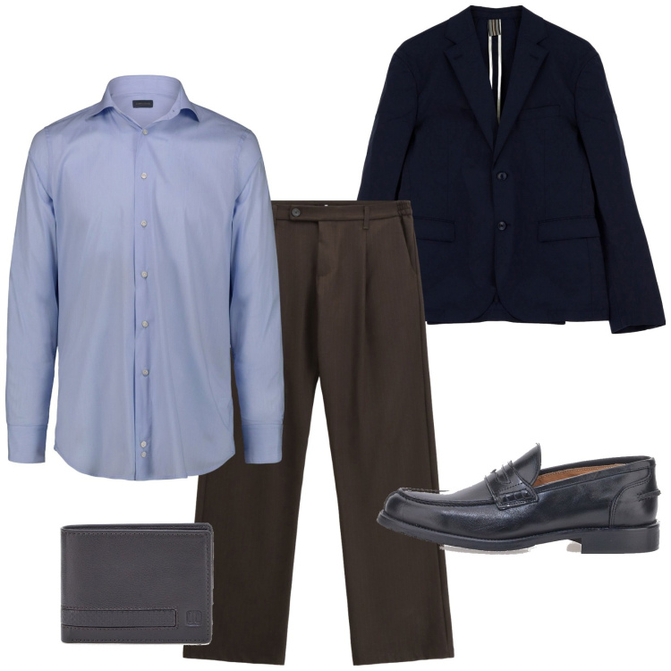 Outfit uomo - Si ricomincia. Stile Business/Elegante per Ufficio. Abbinamento con giacche, pantaloni, portafogli, scarpe stringate, camicie.