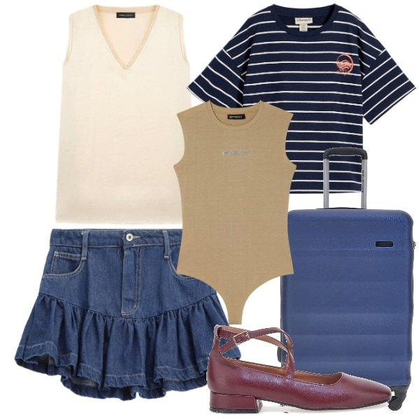 Outfit donna - Ancora in viaggio. Stile Preppy per Tutti i giorni. Abbinamento con t-shirt, minigonne, body, top, ballerine, valigie.
