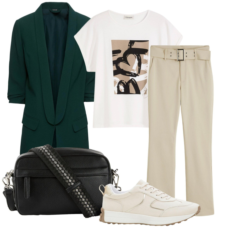 Outfit donna - Primi giorni d\'autunno. Stile Basic per Ufficio. Abbinamento con pantaloni, t-shirt, sneakers, borse a tracolla, blazer.
