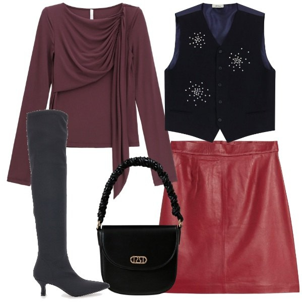 Outfit donna - Serata con le amiche. Stile Sexy per Serata fuori. Abbinamento con minigonne, borse a mano, bluse, gilet, stivali.