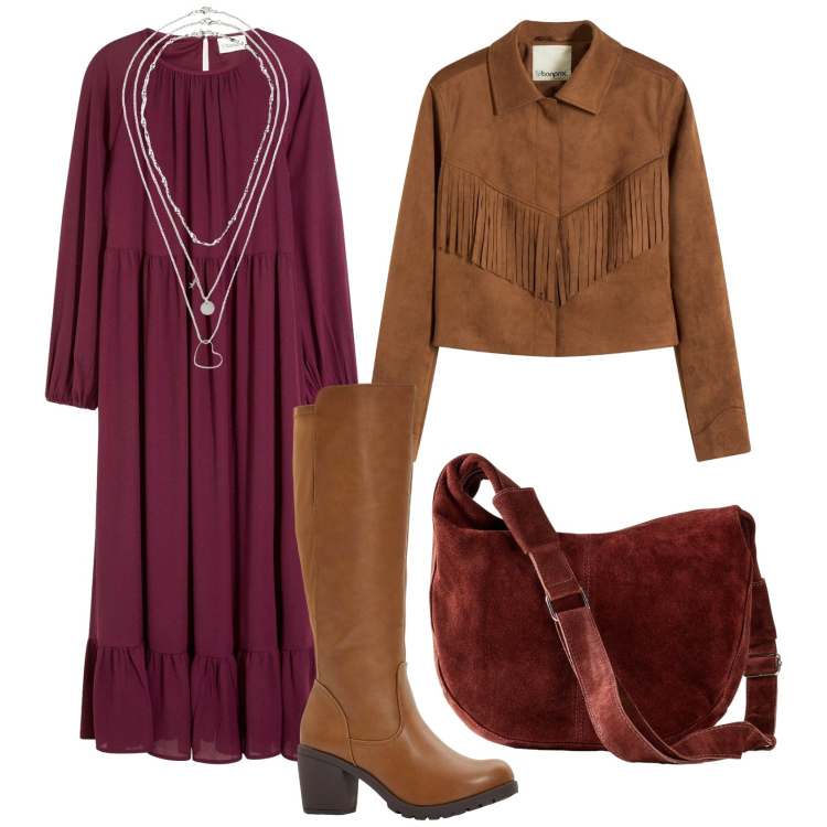 Outfit donna - Bonprix per l\'autunno. Stile Boho per Tutti i giorni. Abbinamento con vestiti lunghi, stivali, collane, blazer, borse a mano.