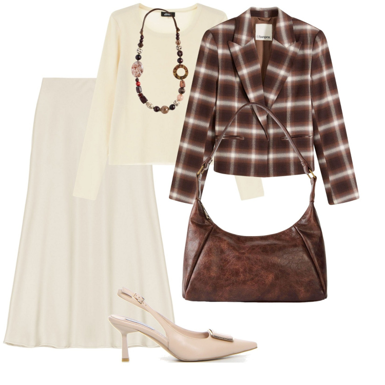 Outfit donna - Tartan in ufficio. per Ufficio. Abbinamento con borse a mano, blazer, gonne longuette, pullovers, décolleté, collane.