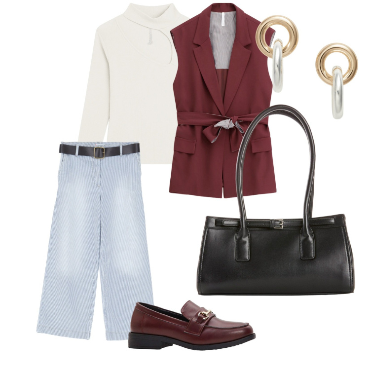 Outfit donna - Minimal in jeans. per Tutti i giorni. Abbinamento con borse a mano, mocassini, pantaloni, gilet, maglieria, orecchini.