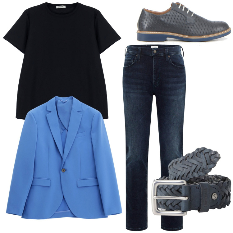 Outfit uomo - Rientro al lavoro. Stile Business/Elegante per Ufficio. Abbinamento con jeans slim fit, giacche, cinture, t-shirt, scarpe stringate.
