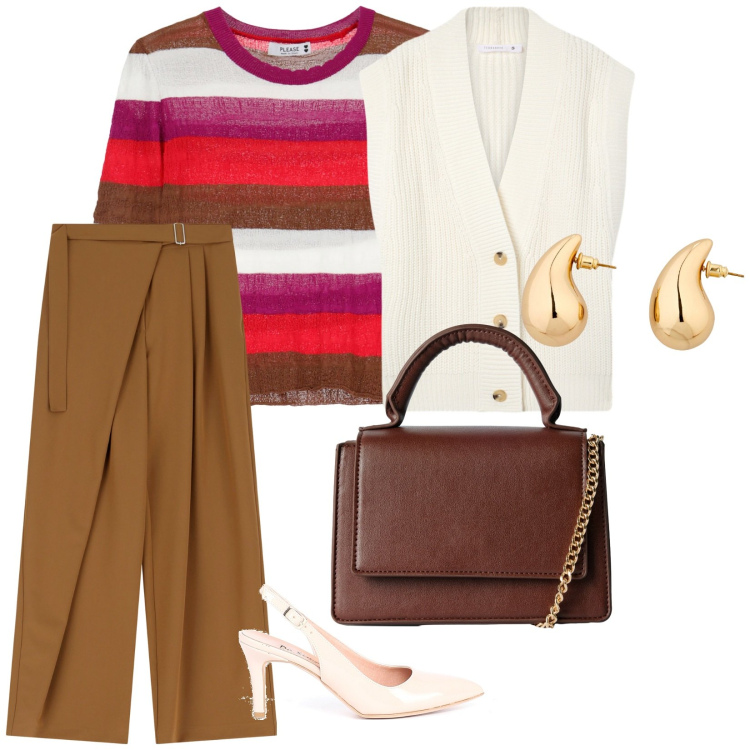 Outfit donna - Minimal. per Ufficio. Abbinamento con orecchini, borse a tracolla, gilet, maglieria, pantaloni a palazzo, décolleté.