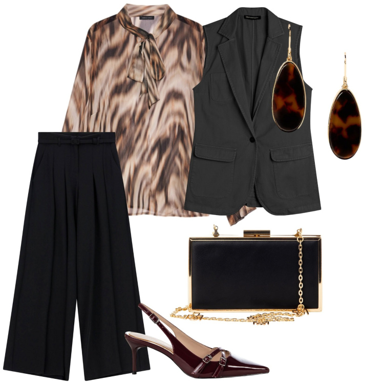 Outfit donna - Minimal di sera. per Serata fuori. Abbinamento con décolleté, pochette, pantaloni a palazzo, gilet, orecchini, bluse.