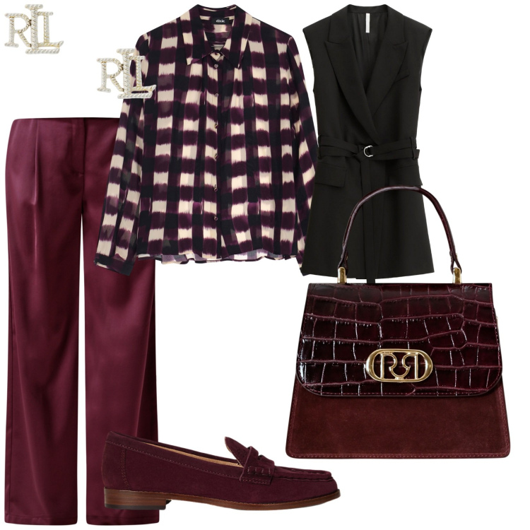 Outfit donna - Minimal chic. per Scuola/Università. Abbinamento con pantaloni a palazzo, borse a mano, gilet, camicie, orecchini, mocassini.