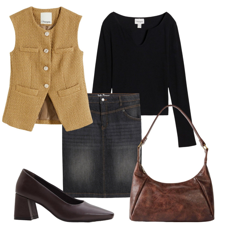 Outfit donna - Casual & chic denim e boucle. Stile Chic per Tutti i giorni. Abbinamento con décolleté, gonne, borse a mano, maglieria, gilet.