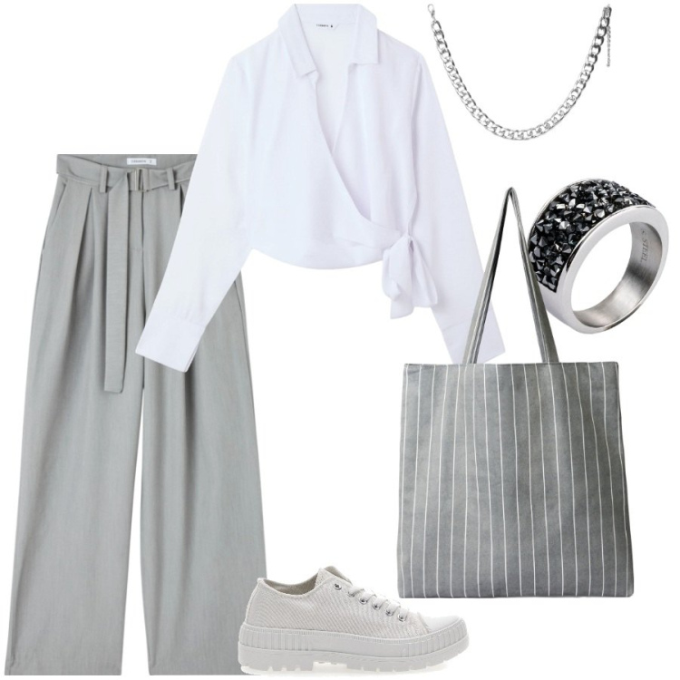 Outfit donna - Grey. Stile Minimal per Scuola/Università. Abbinamento con anelli, camicie, pantaloni, collane, shopping bag, sneakers.