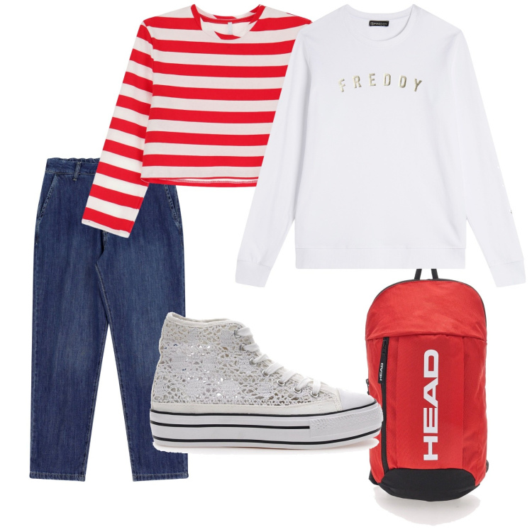 Outfit donna - Rientro a scuola. per Scuola/Università. Abbinamento con t-shirt, felpe, jeans, sneakers alte, zaini.