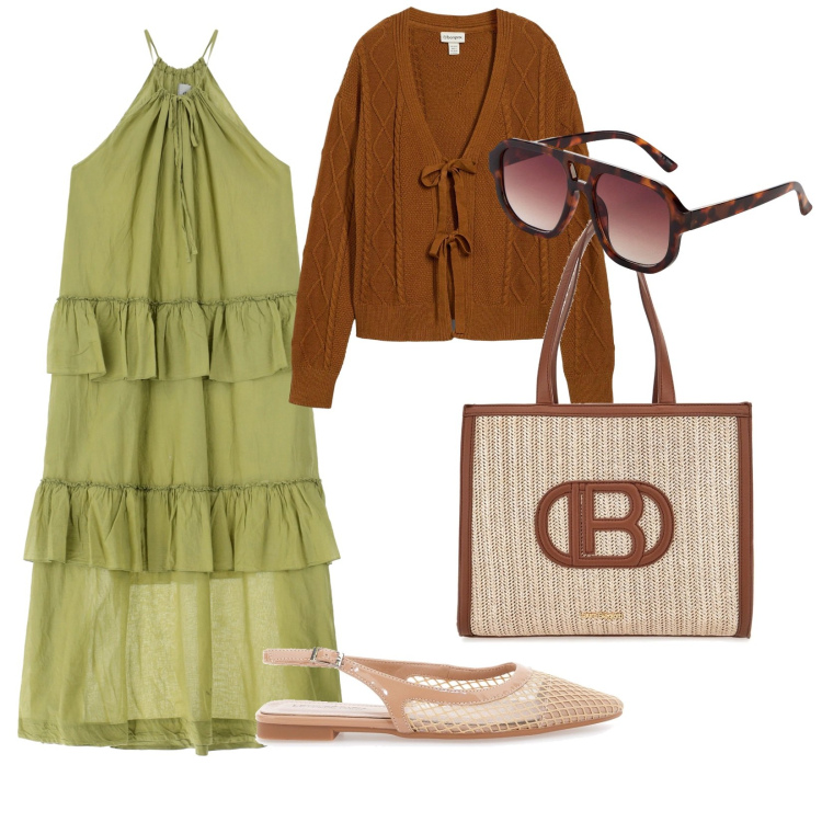 Outfit donna - Ferie a settembre. per Mare. Abbinamento con cardigans, occhiali da sole, vestiti lunghi, borse a spalla, ballerine.