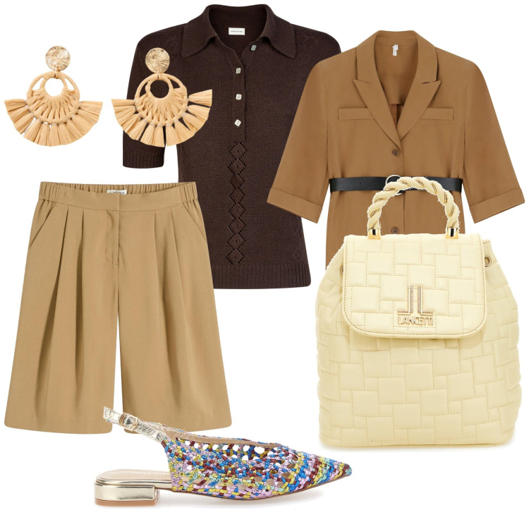 Outfit donna - Ferie a settembre. per Tutti i giorni. Abbinamento con orecchini, bermuda, blazer, ballerine, polo, zaini.