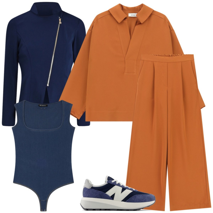 Outfit donna - Dinamica. Stile Sporty chic per Tutti i giorni. Abbinamento con sneakers, blazer, body, pantaloni a palazzo, camicie.
