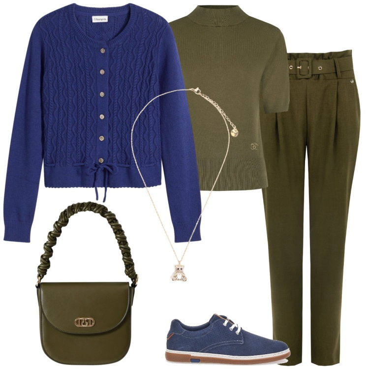 Outfit donna - Passeggiata. Stile Casual chic per Tutti i giorni. Abbinamento con cardigans, pullovers, pantaloni, borse a mano, ciondoli, scarpe stringate.
