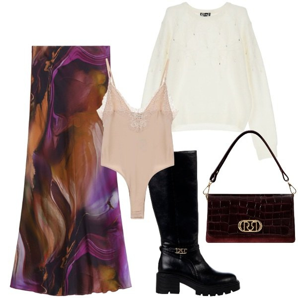 Outfit donna - Autunno addosso. Stile Chic per Serata fuori. Abbinamento con stivali sopra il ginocchio, borse a mano, gonne lunghe, body, maglieria.